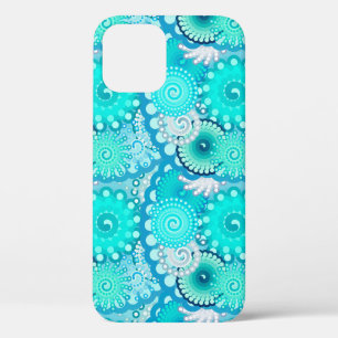 Fractal swirl pattern, turquoise, green, blue iPhone 12 case