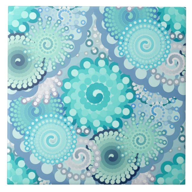 Fractal swirl pattern, turquoise, green, blue tile (Front)