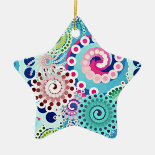 Fractal swirl pattern, turquoise, pink, multi ceramic tree decoration