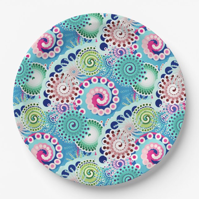 Fractal swirl pattern, turquoise, pink, multi paper plate (Front)