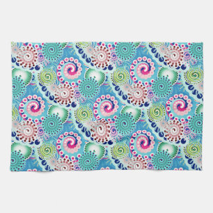 Fractal swirl pattern, turquoise, pink, multi tea towel