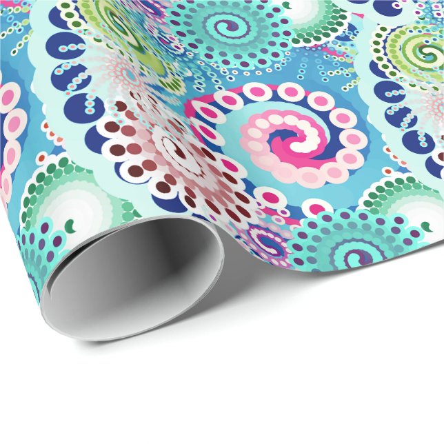 Fractal swirl pattern, turquoise, pink, multi wrapping paper (Roll Corner)