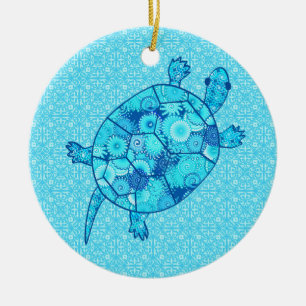 Fractal swirl turtle - cobalt and turquoise blue ceramic tree decoration