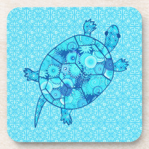 Fractal swirl turtle - cobalt and turquoise blue coaster
