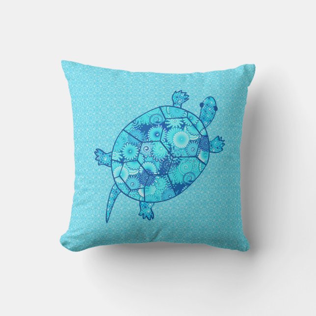 Fractal swirl turtle - cobalt and turquoise blue cushion (Front)