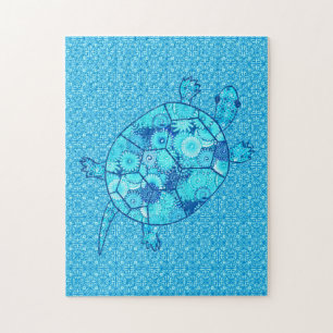 Fractal Swirl Turtle Cobalt and Turquoise Blue Jigsaw Puzzle