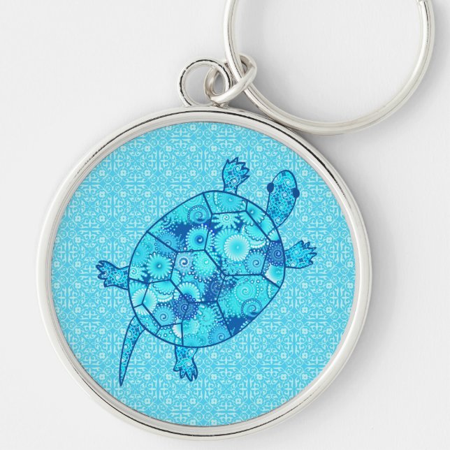 Fractal swirl turtle - cobalt and turquoise blue key ring (Front)