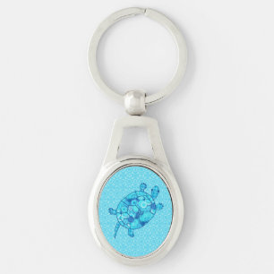 Fractal swirl turtle - cobalt and turquoise blue key ring