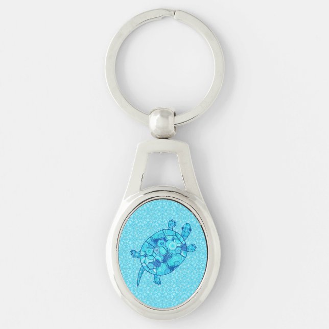 Fractal swirl turtle - cobalt and turquoise blue key ring (Front)