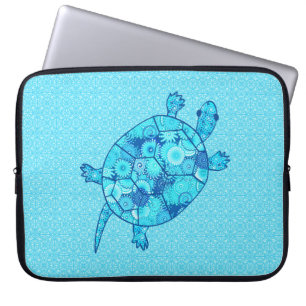 Fractal swirl turtle - cobalt and turquoise blue laptop sleeve