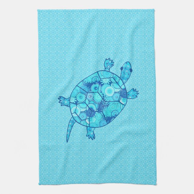 Fractal swirl turtle - cobalt and turquoise blue tea towel (Vertical)