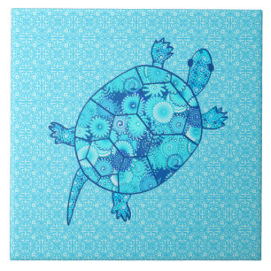 Fractal swirl turtle - cobalt and turquoise blue tile