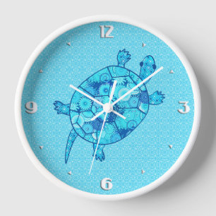 Fractal swirl turtle - cobalt and turquoise blue wall clock