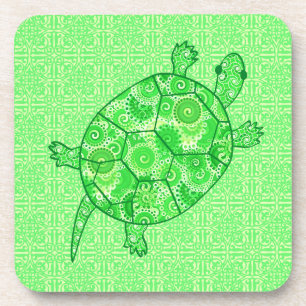 Fractal swirl turtle - lime and emerald green coaster