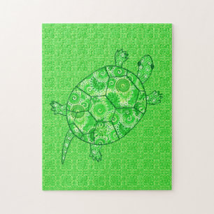Fractal Swirl Turtle Lime and Emerald Green Jigsaw Puzzle