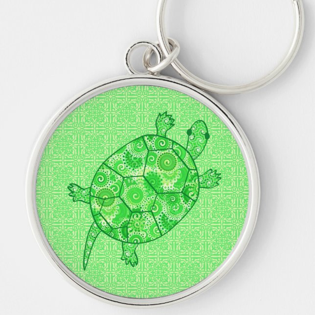 Fractal swirl turtle - lime and emerald green key ring (Front)