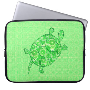 Fractal swirl turtle - lime and emerald green laptop sleeve