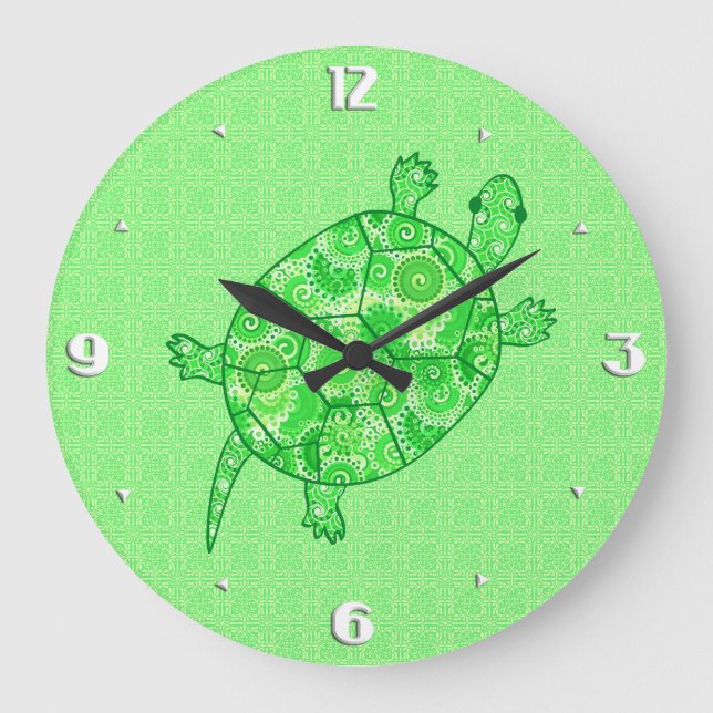 Fractal swirl turtle - lime and emerald green large clock (Front)