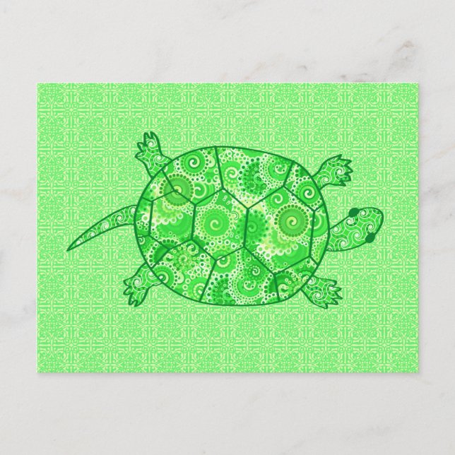 Fractal swirl turtle - lime and emerald green postcard (Front)