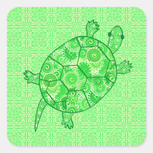 Fractal swirl turtle - lime and emerald green square sticker
