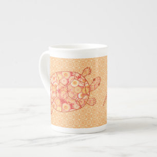 Fractal swirl turtle - shades of mandarin orange bone china mug