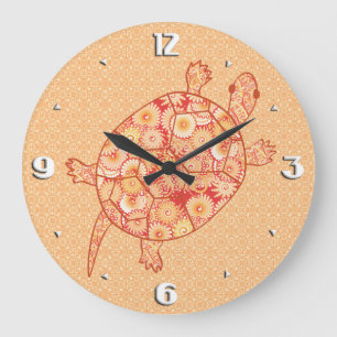 Fractal swirl turtle - shades of mandarin orange large clock