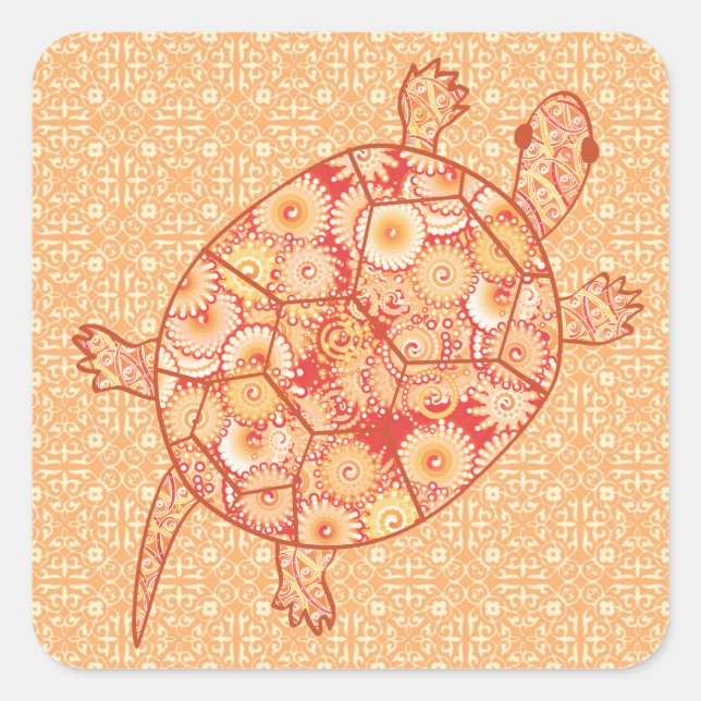 Fractal swirl turtle - shades of mandarin orange square sticker (Front)