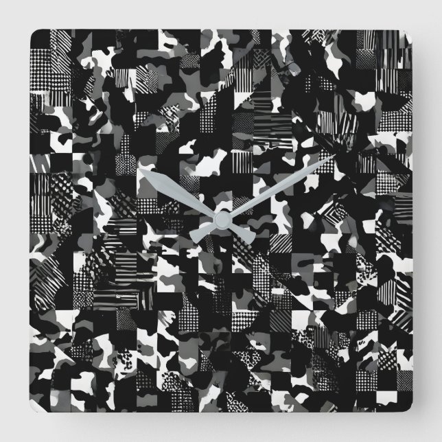 "Fractura" - Black White Camouflage Pattern  Square Wall Clock (Front)