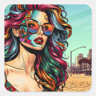 Fractured Art   Abstract Woman at Beach Square Sticker