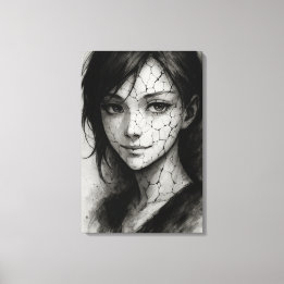 Fractured Smile – Cracked Porcelain Ink Portrait Canvas Print