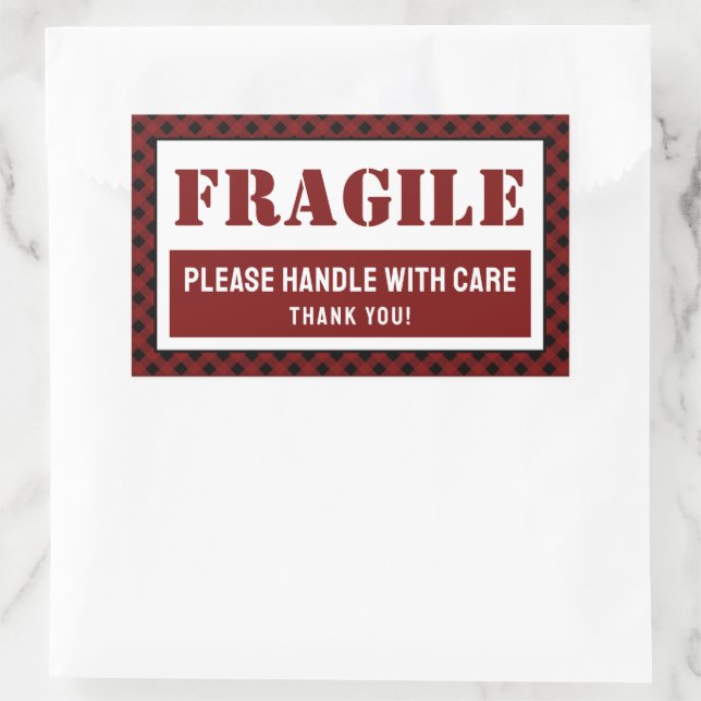 Fragile Handle With Care Plaid Pattern Packaging Rectangular Sticker (Bag)
