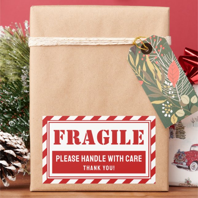 Fragile Handle With Care Red Stripes Packaging Rectangular Sticker (Holiday)