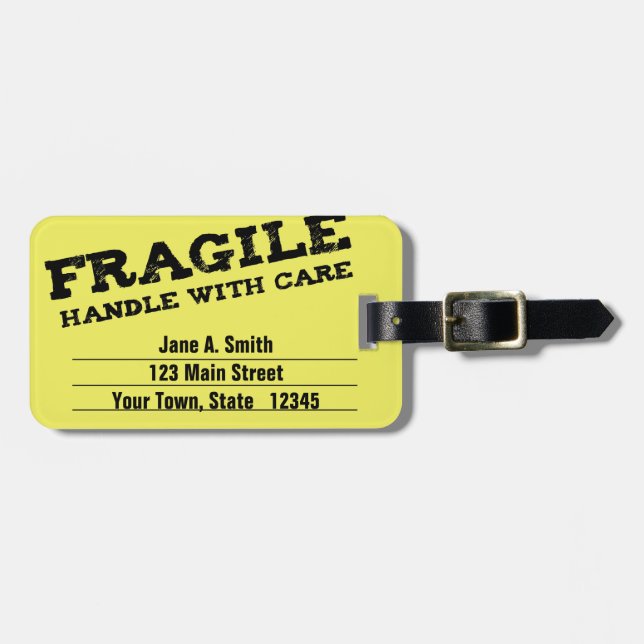 Fragile, Handle with Care, Yellow Luggage Tag (Front Horizontal)