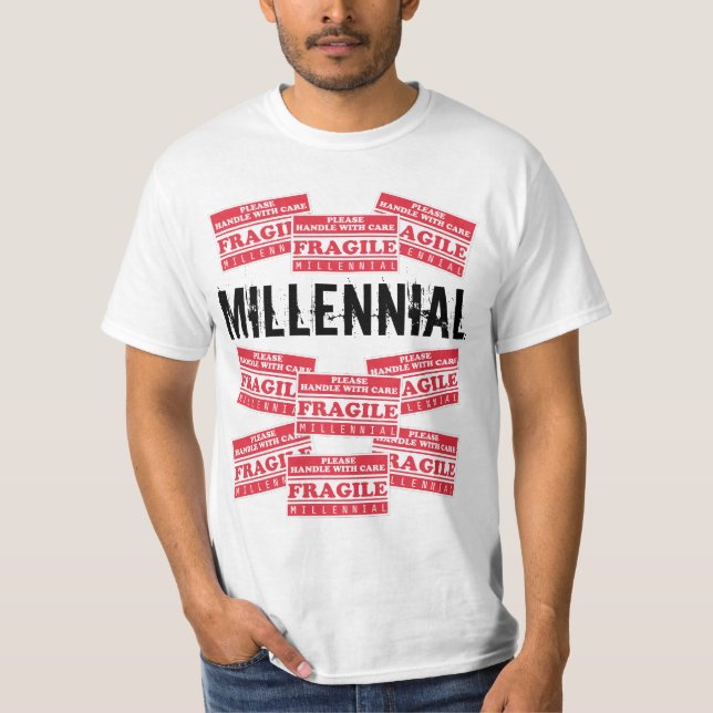 Fragile Millennial Labels, Please Handle With Care T-Shirt (Front)