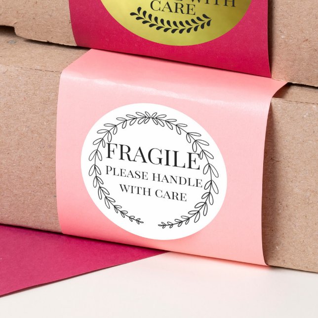 Fragile please handle with care yellow pink floral classic round sticker (Creator Uploaded)