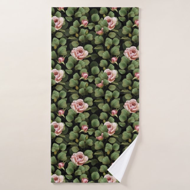Fragile roses. Floral pattern on black Bath Towel (Bath Towel)