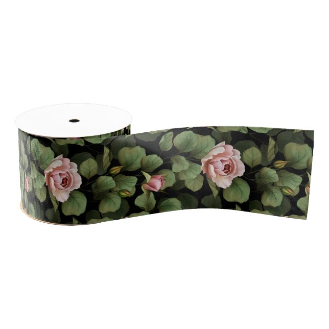 Fragile roses. Floral pattern on black Grosgrain Ribbon (Spool)