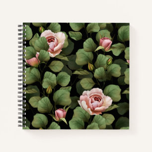 Fragile roses. Floral pattern on black Notebook