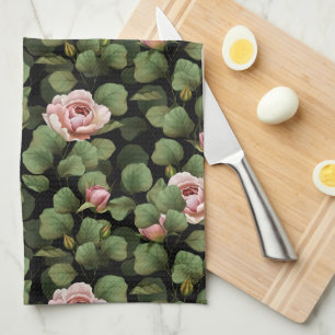 Fragile roses. Floral pattern on black Tea Towel