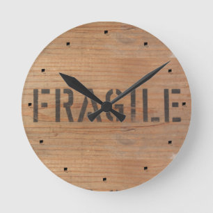 Fragile Stamped on a Wooden Crate Round Clock