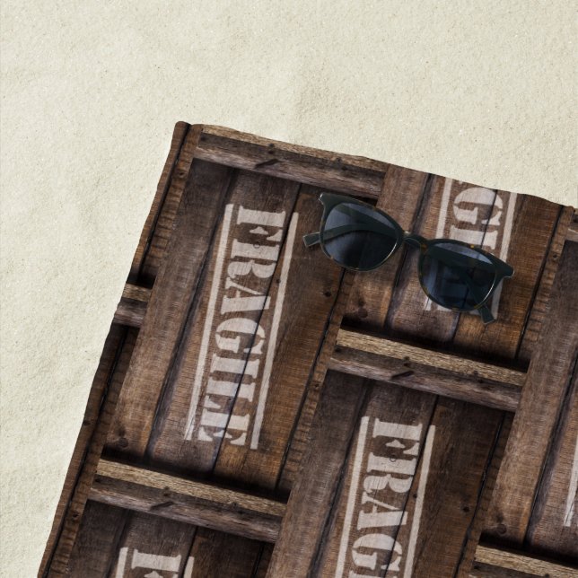 Fragile wood crate vintage brown woodgrain  beach towel (In Situ)