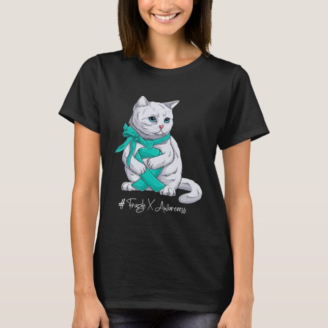 Fragile X Awareness Month Teal Ribbon Cat T-Shirt (Front)