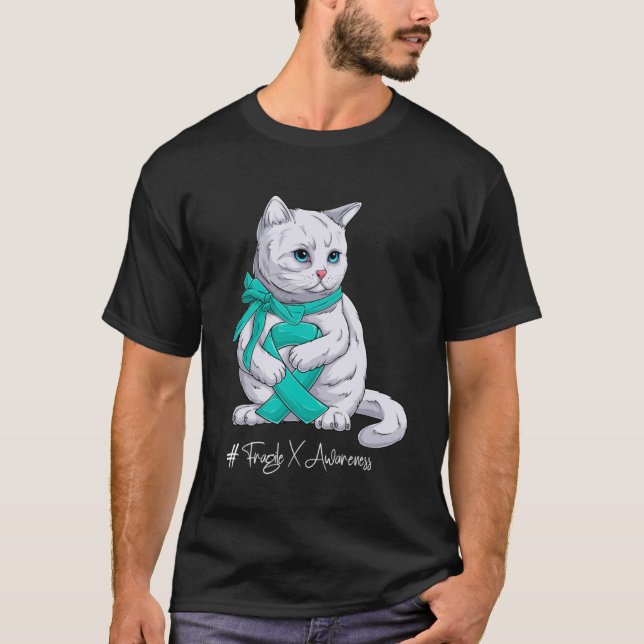Fragile X Awareness Month Teal Ribbon Cat T-Shirt (Front)