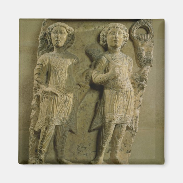 Fragment of a bas-relief plaque depicting two sold magnet (Front)