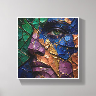 Fragmented Impasto Portrait with Green Eye and Gol Canvas Print