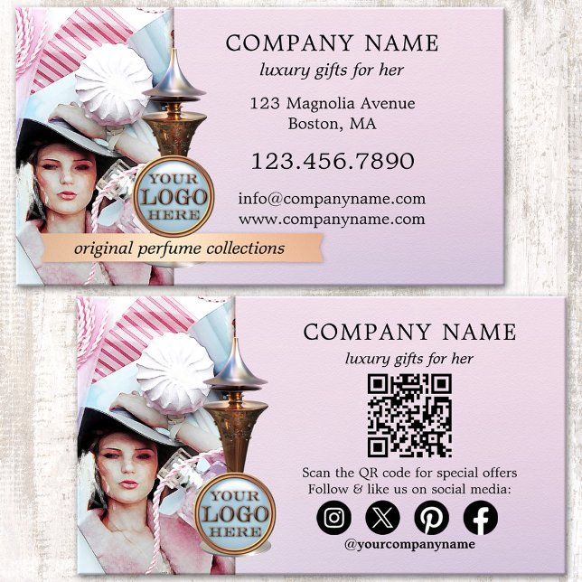 Fragrance Luxury Gifts Professional Perfume Business Card (Elegant business card featuring a rose gold and blue perfume bottle on a magazine style background)