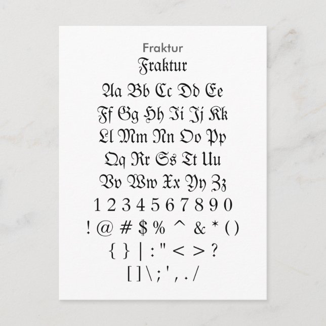 Fraktur - Zazzle Font Sampler Sheet Postcard (Front)