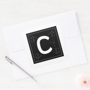 Frame and Flourish Monogram Letter C on White Square Sticker