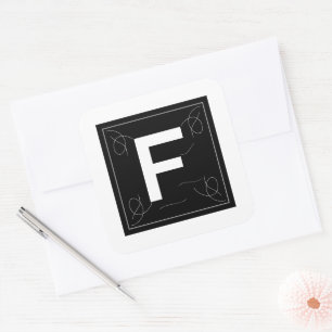 Frame and Flourish Monogram Letter F on White Square Sticker