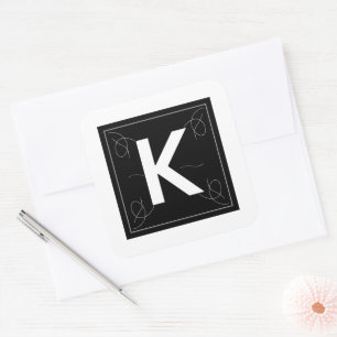 Frame and Flourish Monogram Letter K on White Square Sticker